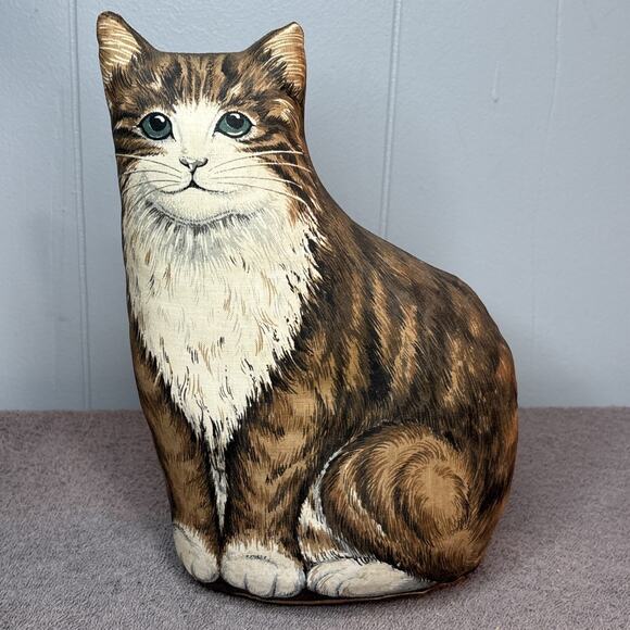 Unbranded Other - Vintage Cat Shaped Pillow Cut & Sew Brown White Tabby Green Eyes 10”